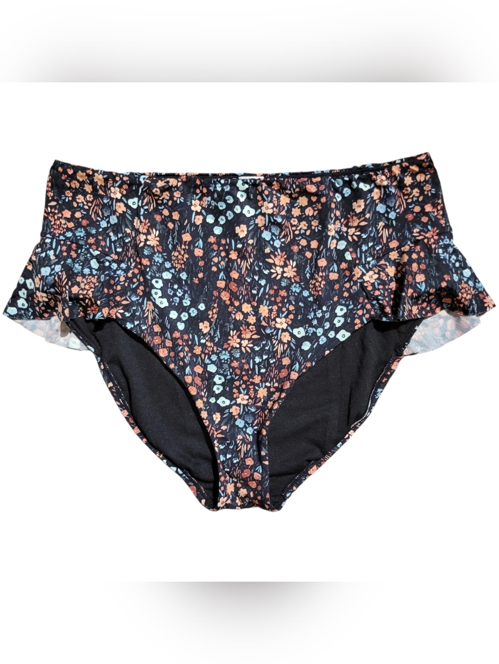 Time and Tru Swimsuit Bottoms Womens XL Black with Florals High Waisted